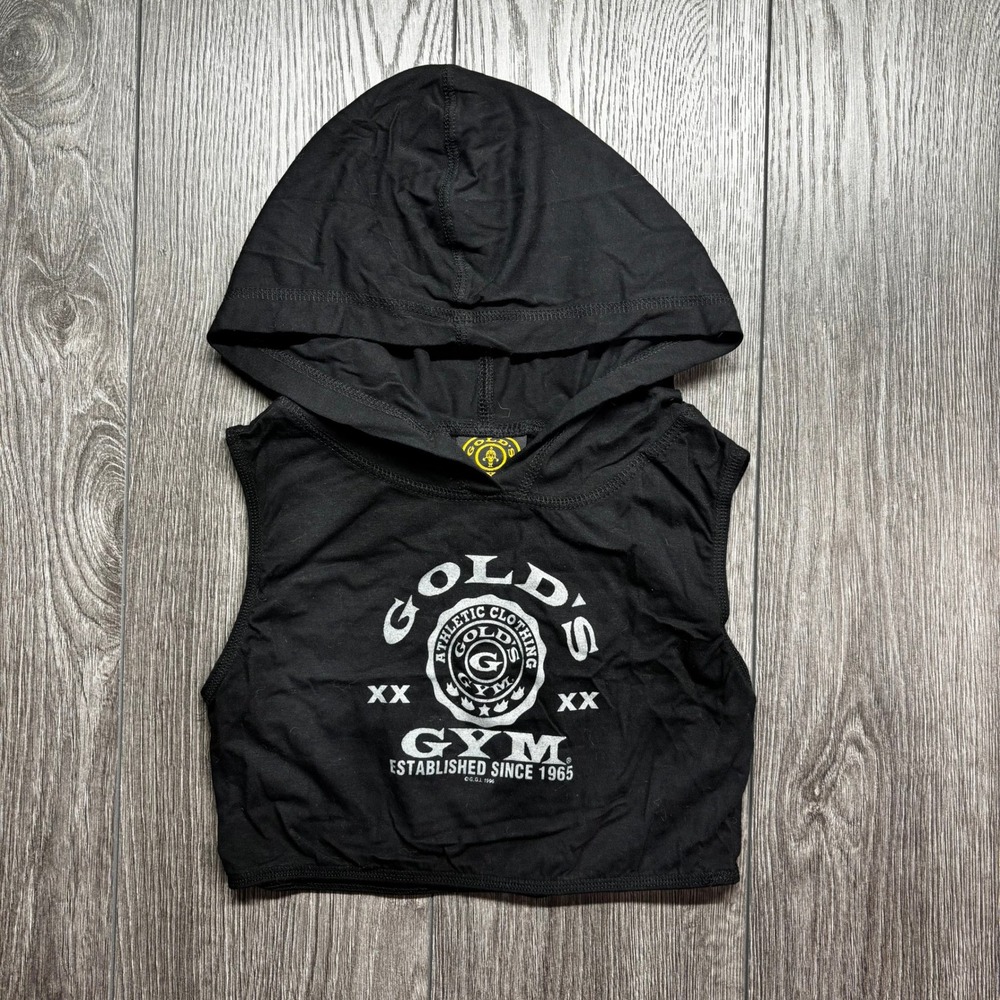 Golds Gym Womens Black Sleeveless Crop Top Hoodie Vintage Shirt Medium